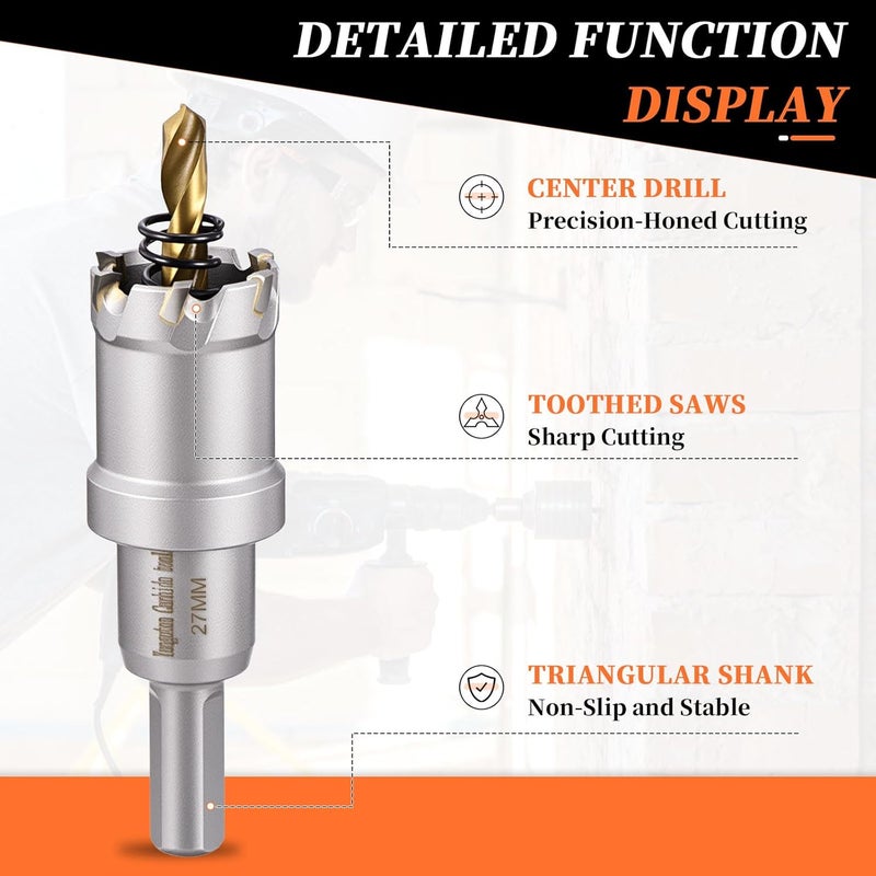 METALLIXITY Hole Saw 27mm (1-1/16"), Heavy Duty Tungsten Carbide with Center Drill Bit Hex Key Spring - Hole Cutters for Thick Stainless Steel Steel Metal Plates. Silver - Image 3
